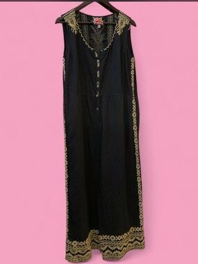 Johnny Was Black Maxi jumpsuit with Gold Embroidered Trim